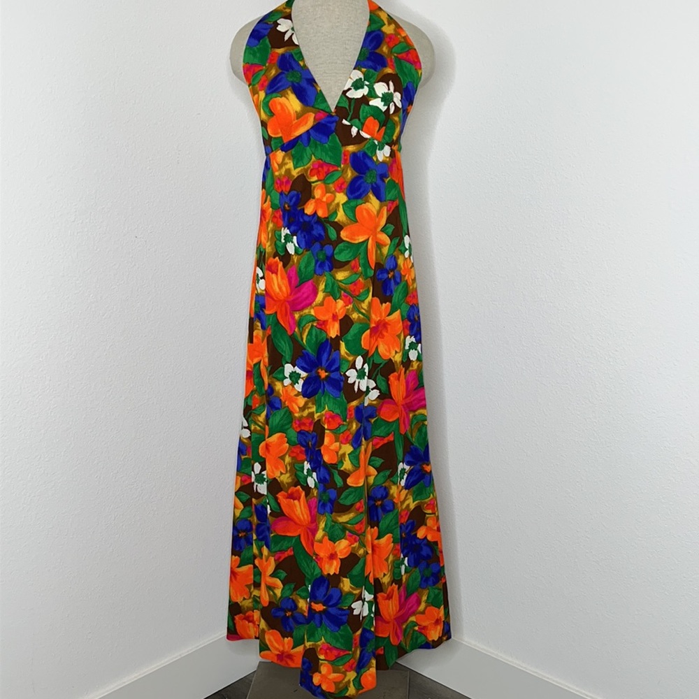 Vintage Tropical Halter Maxi Dress in Orange, Blue, Green